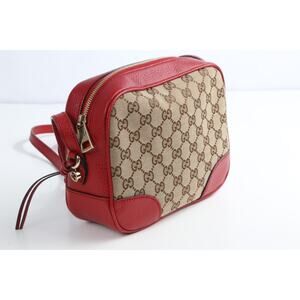 Gucci GG Red Beige Leather Canvas Bree Small Messenger Crossbody Bag Purse Italy